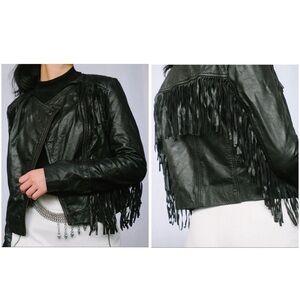 Banana Republic Women Black Leather Fringe Moto Jacket Crop Western Boho Sz XS
